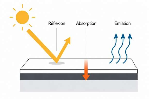 Schéma du fabricant Kokun : le rayonnement solaire réfléchi par une toiture blanche plutôt qu’absorbé