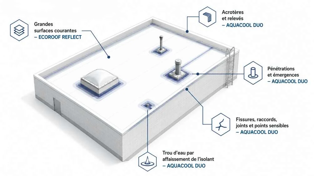 Schéma du fabricant Kokun : Ecoroof Reflect sur les grandes surfaces, Aquacool Duo sur les relevés, fissures et points singuliers